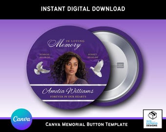 Purple Roses Memorial Button Template: RIP Keepsake Design (Canva Pro Required) (Digital Download)