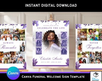 Lavender Funeral Welcome Sign Template: Elegant Memorial Photo Display (Canva, 16x20-24x36 in)