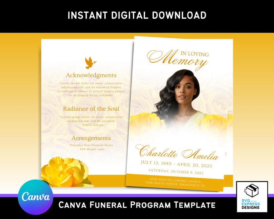 Yellow Roses Funeral Vector Yellow Roses Canva Funeral Program Template โ Elegant Bi-fold Brochure ...