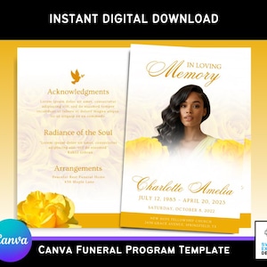 May include: A digital Canva funeral program template with a yellow and white floral design. The template includes space for a photo, the deceased's name, dates, and service details. Text includes "In Loving Memory" and "Instant Digital Download."