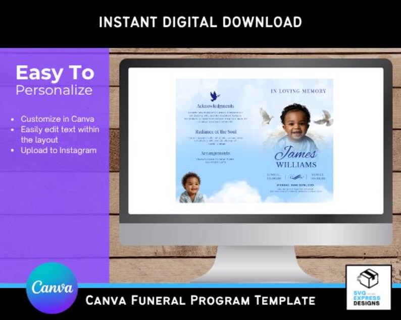 Blue Baby Girl Funeral Program: Editable Canva Template (digital ...