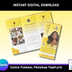 May include: A yellow Canva funeral program template with the text "Instant Digital Download." The program is tri-fold and features photos, text, and the name "Charlotte." A smaller card reads "In Loving Memory."