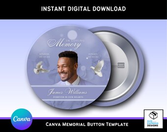 Bearbeitbare Lavendel Blau-Memorial Button Vorlage | Canva RIP Andenken | 3x3 Digitales Beerdigung Button Design