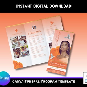 Puede incluir: Una plantilla de programa fúnebre plegable en tres partes con un fondo degradado melocotón y naranja. El programa incluye el texto "Charlotte" y "In Loving Memory", junto con fotos y detalles florales. También se ven las palabras "Descarga digital instantánea" y "Plantilla de programa fúnebre Canva".