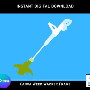 May include: A white and green weed wacker frame design for use in digital projects. The design is on a blue background. Canva Weed Wacker Frame.