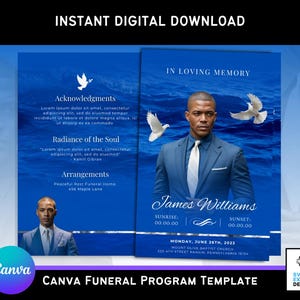 Funeral Program Template Blue Peaceful Waters – Bi-Fold Canva Brochure 11x8.5 – Elegant Memorial Design with White Dove
