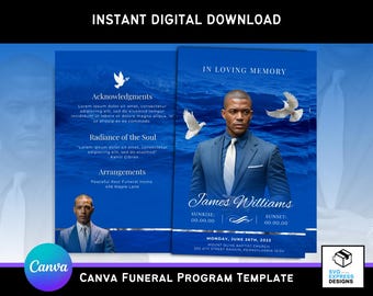 Blue Peaceful Waters Funeral Program Template: Elegant Memorial (Canva, 11x8.5 Bi-Fold, Digital Download