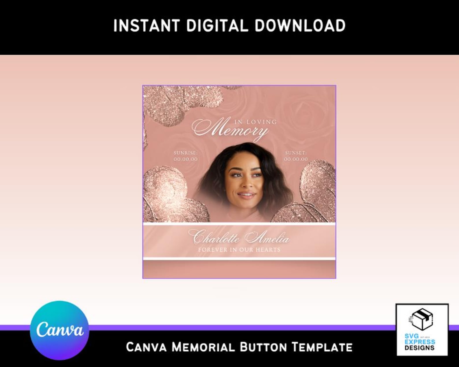 Pink Rip Button Backdrop Editable Rose Gold Memorial Button Template | Canva RIP Keepsake | 3x3 ...