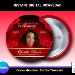 Plantilla editable de botón conmemorativo de rosas rojas / Canva RIP Keepsake / Diseño de botón funerario digital 3x3