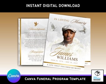 Sjabloon begrafenisprogramma witte roos: elegante tweevoudige brochure (canva, 17 x 11 inch) (digitale download)