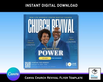 Blue & Yellow Church Revival Flyer Template: Editable Canva Design (Digital Download)