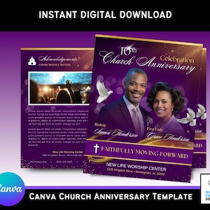 Peut inclure: Modèle numérique pour une célébration d'anniversaire d'église. Le design est violet et doré, avec des images d'un couple, de colombes et le texte "10th Church Anniversary Celebration". Le modèle comprend le texte "Faithfully Moving Forward".