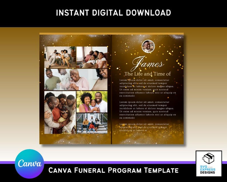 Dark Gold Canva Funeral Program Template Elegant Bifold Brochure