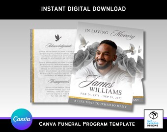 Gray Flower Canva Funeral Program Template – Elegant Bi-Fold Brochure (17x11 in) with Doves