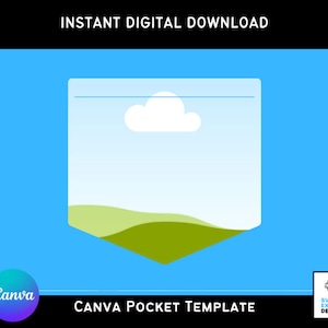 May include: A blue and green pocket template for Canva. The template features a simple design with a cloud and a grassy hill. The text "CANVA POCKET TEMPLATE" is at the bottom of the image.