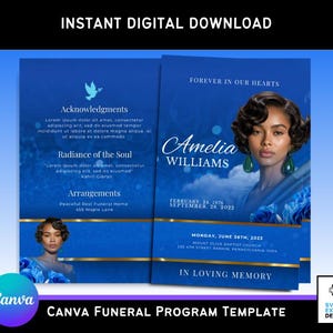 May include: A blue and gold funeral programme template featuring a photograph of a woman and the text "Forever in Our Hearts" and "Amelia Williams". The programme includes the dates of birth and death, the name of the church, and the date of the service. The text "In Loving Memory" is at the bottom of the programme.