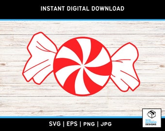 May include: A red and white peppermint candy in a white wrapper. The candy is shaped like a traditional peppermint candy with a swirl design.
