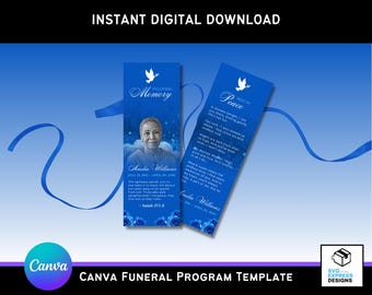 Blue Cloud Funeral Bookmark Template: Elegant Memorial Keepsake (Canva Editable, 2.75" x 8" Printable)