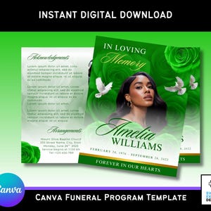 May include: A digital download Canva funeral program template. The design features a portrait of Amelia Williams, with text reading "In Loving Memory" and "Forever in Our Hearts." The background is green with floral accents and doves.