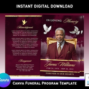 Op de afbeelding: Een digitaal begrafenisprogramma sjabloon met een bordeauxrode en gouden kleurenschema. Het ontwerp bevat een foto van een man, duiven en de tekst "In Loving Memory". De sjabloon bevat ruimte voor tekst en evenementdetails. De tekst "Instant Digital Download" staat bovenaan.