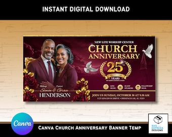 Banner para aniversário de igreja com rosas borgonha e dourado - Modelo para Canva | Banner editável de 2,4 x 1,2 m para celebração da igreja | Design para aniversário de pastor