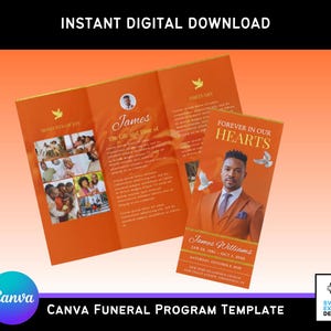 Modèle de programme de funérailles sur toile orange brûlé – Élégante brochure à trois volets (11 x 8,5 po.) avec fleur