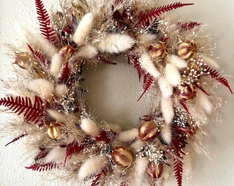 Mini Christmas Wreath Red Accents, Boho Neutral dried flower wreath, Pampas and bunny tail, Beige and Red Christmas Decor