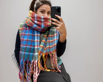 Mohair reversible scarf, blend winter scarf, rainbow plaid scarf, warm scarf, fringe plaid scarf, cozy scarf, warm shawl, gift