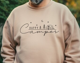 Das perfekte Camping Geschenk - Minimalistisches Happy Camper Sweatshirt, Camping Zubehör, Vanlife, Camping Kleidung, Van Camper tshirt