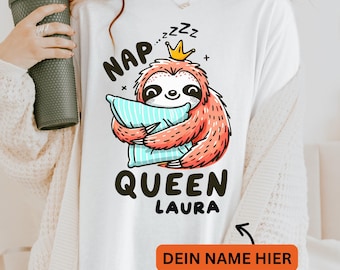 Luiaard cadeau slaapshirt Napqueen, slaapshirt cadeau Kerstmis vriendin grappig t-shirt cadeau laat opstaand schattig dieren t-shirt