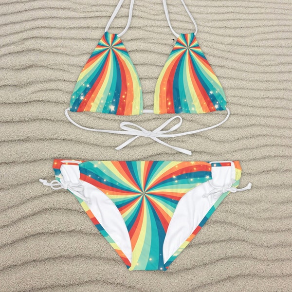 Stars and Swirls Strappy Bikini Set | String Two Piece for Women | Rainbow Pattern Swimwear | Ocean Pool Vacation Girls Trip Bachelorette