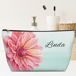 Personalized September Birth Flower Makeup Bag, Aster Cosmetic Pouch with Custom Name for College, Teens, Bridesmaids, Back to School Gift
