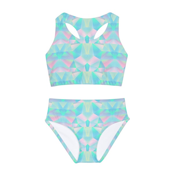 Pastel Prisms Girls Two Piece Swimsuit | Gelato Pastel Sporty Bikini Teens & Tweens | Athletic Bathing Suit Beach, Pool and Surfing Vacation