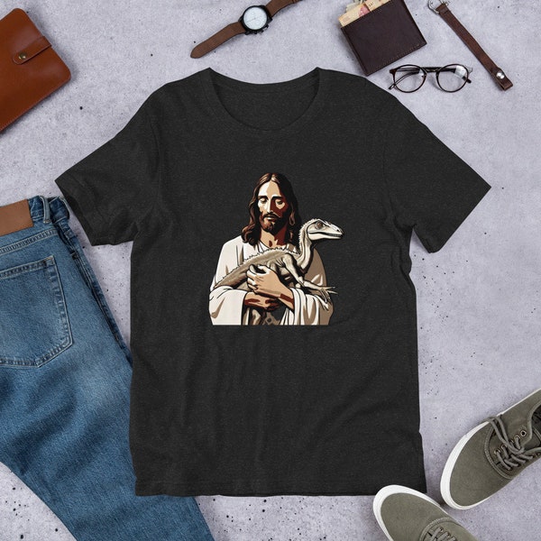 Raptor Tamer Jesus Unisex T-shirt Funny Unisex Dinosaur Science Shirt Unisex Velociraptor Tee Silly Crewneck for Science Lovers