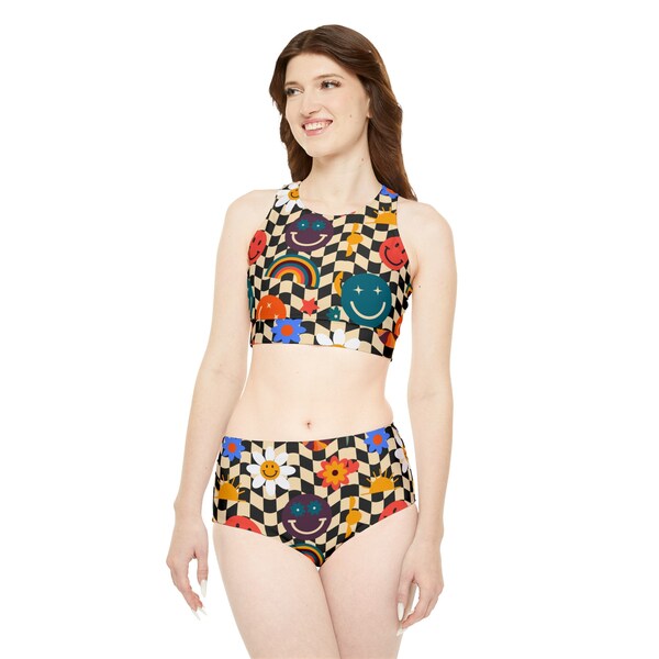 Happy Retro Checkerboard Women's Sporty Bikini Set | Smiley Face Rainbow Vintage Aesthetic Athletic Two Piece Swimwear | Pool Beach Outfit