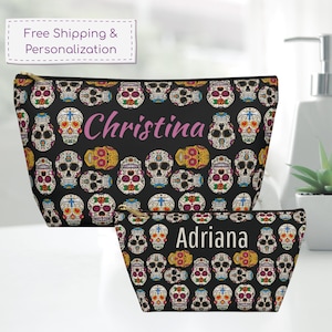 Sugar Skull Pouch, Custom Makeup Bag, Personalized Day of the Dead Toiletry Pouch