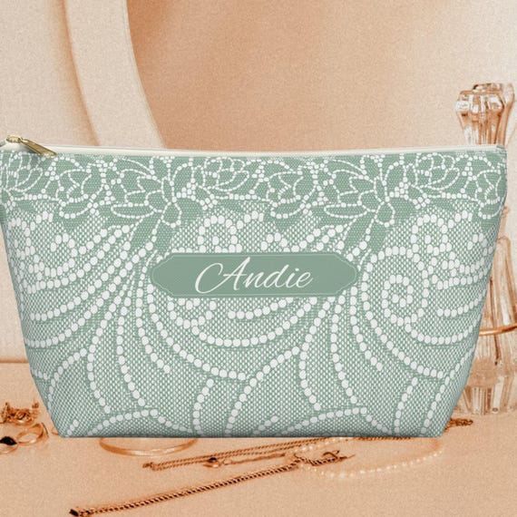 Sage Green Makeup Bag, Personalized Toiletry Pouch, Custom Name