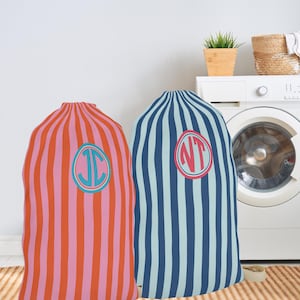 Monogram Laundry Bag, Personalized Striped Laundromat Sack, Custom Dirty Clothes Bag, College Dorm Gift for Girls