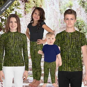 Reptile Child Costumes, Green Leggings, Rash Guards and Shirts for Kids, Cosplay Outfits for Snake, Lizard, Dragon or Dinosaurs