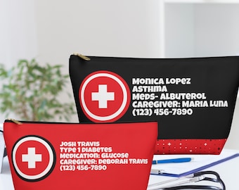 Personalized Medical Alert Pouch, Custom First Aid Bag, Travel Meds Toiletry Kit for Adults & Kids
