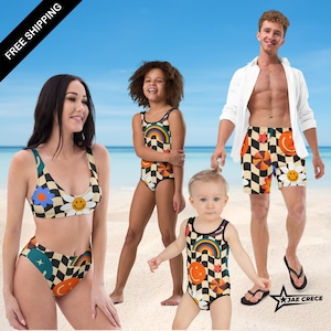Matching Family Checkerboard Swimsuits: Eco-Friendly Rash Guards