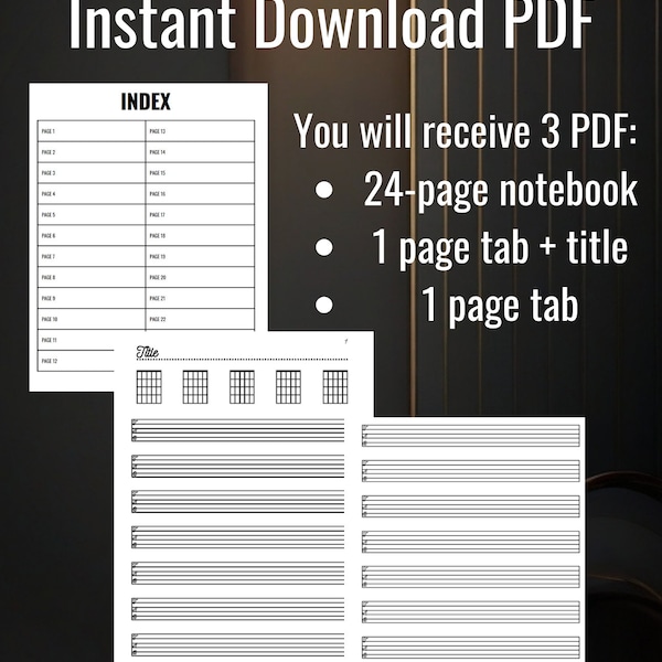 Printable guitar tab notebook + sheet bundle (3 files value)