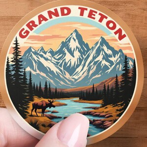 Grand Teton National Park Sticker, Mountain Landscape, Vintage Style, Travel Souvenir, Outdoor Adventure, Nature Lover, Moose