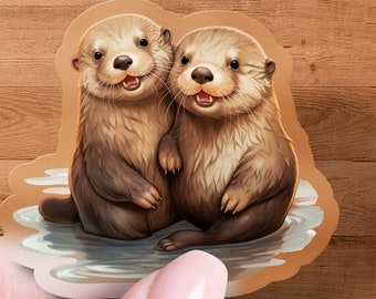 Two Happy Otters Sticker, Adorable Animal Decal, Water-Resistant