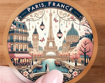 Paris France Eiffel Tower Sticker, Vintage Travel Decor, Round City Illustration, Chic Laptop Decal, French Inspired Suitcase Sticker