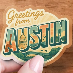 Greetings From Austin Sticker, Texas Travel Decal, Vintage Style Souvenir, Austin Landmarks, Lone Star State Gift, Premium Retro City Decal