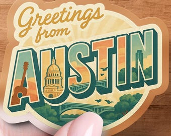 Greetings From Austin Sticker, Texas Travel Decal, Vintage Style Souvenir, Austin Landmarks, Lone Star State Gift, Premium Retro City Decal