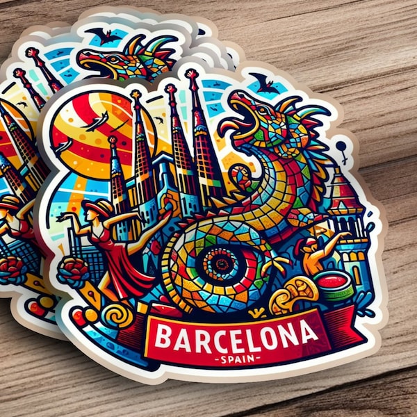 Barcelona Spain Vibrant Sticker, Travel Souvenir, Sagrada Familia, Gaudi Architecture, Colorful Dragon Decal, Laptop Sticker