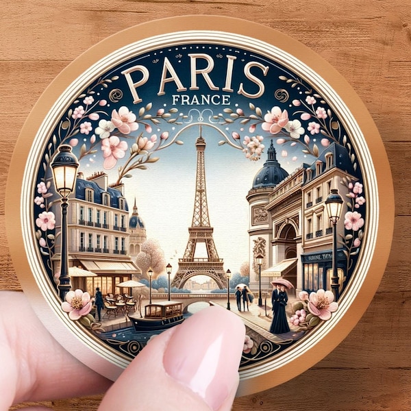 Paris France Eiffel Tower Vintage Style Travel Sticker, Round Laptop Decal, Elegant French Souvenir, Chic Blossom Design, Gift Idea
