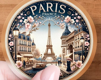 Paris France Eiffel Tower Vintage Style Travel Sticker, Round Laptop Decal, Elegant French Souvenir, Chic Blossom Design, Gift Idea